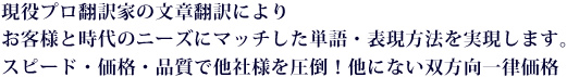 現役プロの英語翻訳家の文章翻訳によりお客様と時代のニーズにマッチした単語・表現方法を実現します。スピード・価格・品質で他社様を圧倒!他にない双方向一律価格