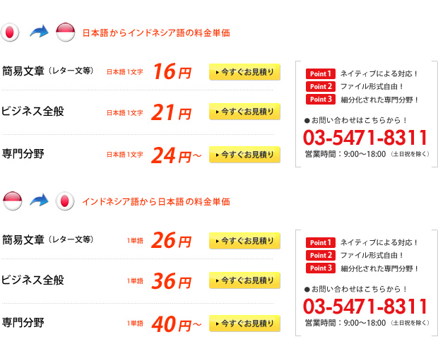 インドネシア語の料金の一覧