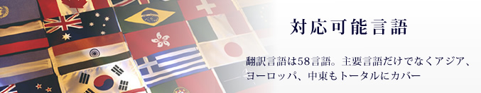 翻訳言語は英語、中国語、韓国語などを始め、現在世界58言語に対応しております。主要言語だけでなくアジア、ヨーロッパ、中東もトータルにカバー